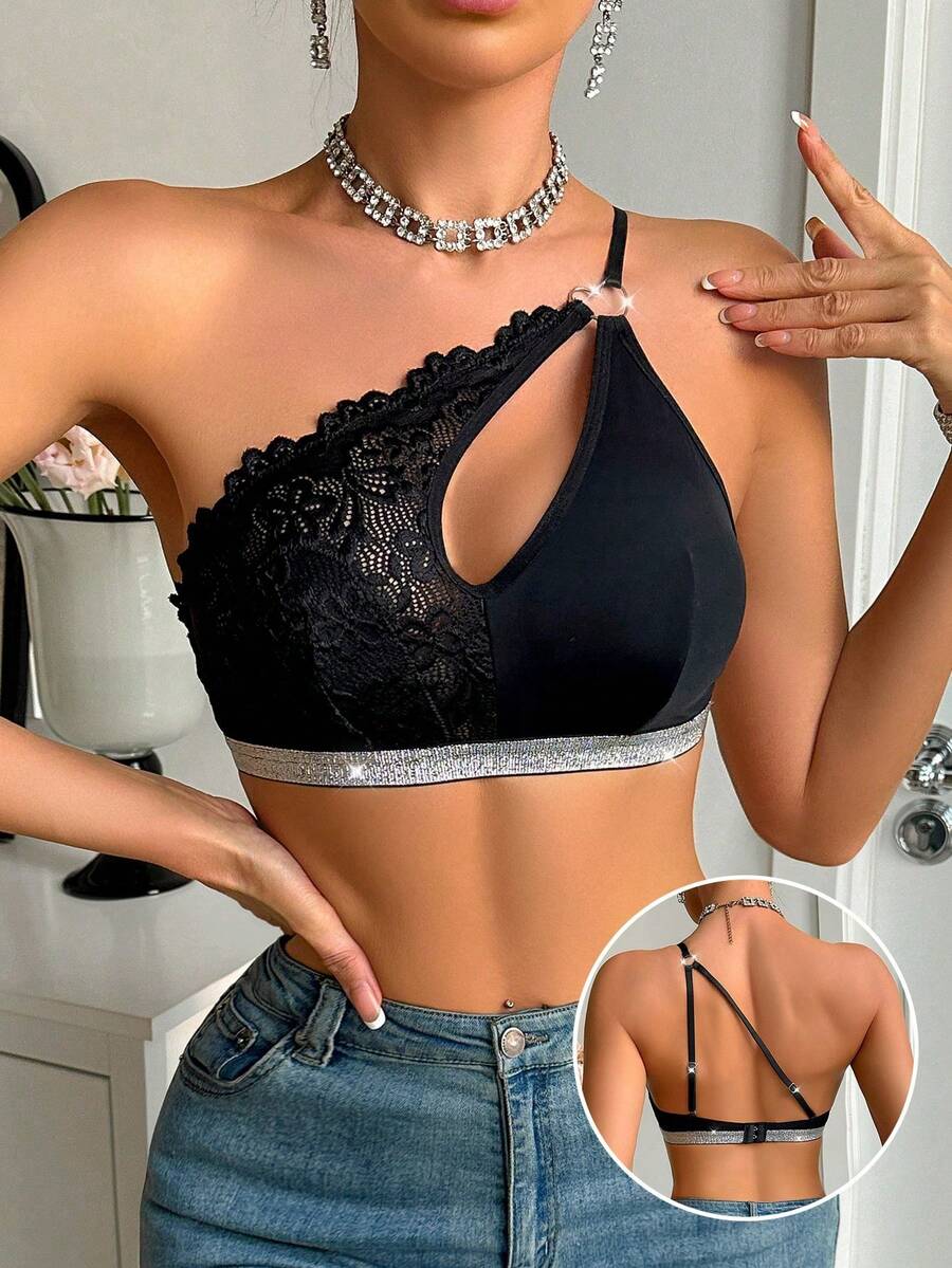 Women's Sexy Off-Shoulder Lace Patchwork Bra - Black - View 1