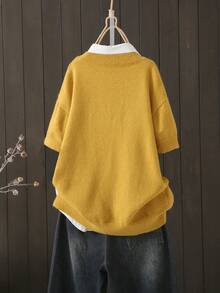 Suéter de cuello redondo de unicolor y manga corta, talla grande, para otoño/invierno