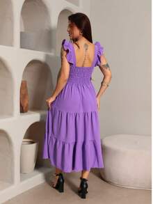 Luxury Midi Dress, Duna Brand, Plain With Ruffled Sleeves And Lace At The Waist. - Màu Lilac Tím - Xem 7