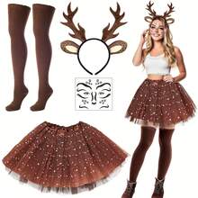 5pcs Carnival Deer Costume Set, Including Deer Antler & Ear Headband, Ballet Tutu Skirt, Socks, And Deer Face Stickers, Suitable For Women's Costume Party - Multicolor - View 4