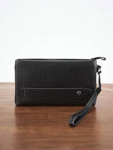 HOVI'S 21.5cm PU Leather Men's Clutch Bag, Large Capacity Handbag With Zipper Compartment, Wrist Strap And Multiple Pockets, Suitable For Phone, Wallet And Essentials, Black Wallet, Great Christmas Gift For Men - Black - View 4