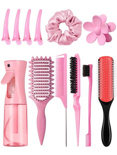 2/4/5/6/11/12pcs Hair Brush Set For Women And Men, (New Upgrade Curl Defining Brush, 9-Row Cushion Nylon Styling Brushes, Teasing Hair Brush, Rat Tail Comb, Edge Brush, Spray Bottle, Four Duckbill Clips, Flower Hair Clip, Brush Set For Hair Styling)