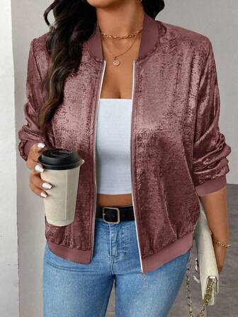 Keke Bloomly Women's Lightweight Casual Foil Zip-Up Baseball Jacket, Champagne Color, Plus Size, Fashionable Cardigan