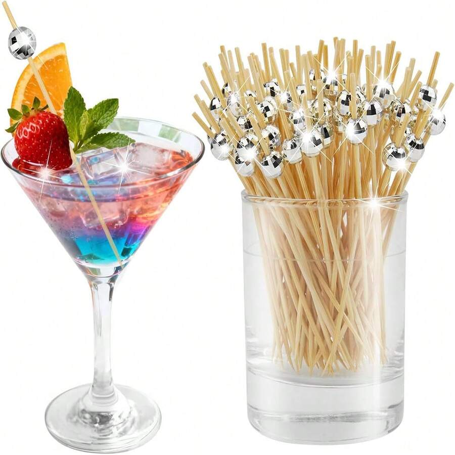 200 pezzi Stuzzicadenti monouso per cocktail, 100 pezzi oro e 100 pezzi argento, bastoncini in legno per cocktail da 4,7 pollici, adatti per bevande, cibo e decorazioni per feste disco, decorazioni per feste hawaiane estive, decorazioni per vacanze - Multicolore - Visualizzare 1