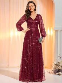 EVERPRETTY Váy sequin dài tay màu đỏ tía thanh lịch mùa thu đông phù hợp cho tiệc cưới, dạ hội, tiệc tốt nghiệp, tiệc trang trọng, váy mẹ cô dâu - Màu Đỏ Sâu - Xem 9