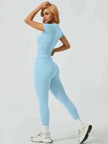 NcmRyu 1 Set Women's Solid Color Elastic Crew Neck Short Sleeve Pants Sports Suit Summer - 淺藍色 - 查看 5