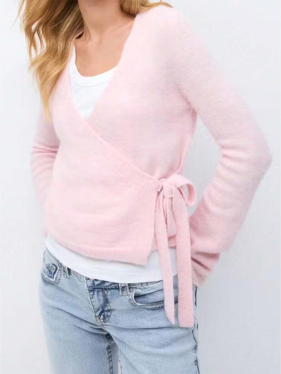 Women Tie Front Wrap Cardigan Ballet Wrap Sweater Solid V Neck Long Sleeve Crop Knit Sweater Casual Fall Clothes - Hồng - Xem 1