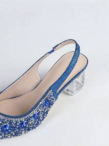 Sandales à talons hauts mode femme, talons hauts à bout pointu, décoration de strass étincelants, talon asymétrique en cristal transparent, sandales à talons hauts sans dos avec bride élastique, semelle intérieure légère et confortable, convient pour les fêtes, les mariages, les affaires, les sorties ! Tenues de printemps et d'été - Bleu azur - Voir 10