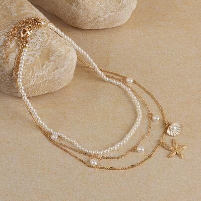 Opalesca 3 件套仿珍珠流苏、海星和贝壳装饰串珠项链套装，多层颈链，适合休闲装和夏季海滩
