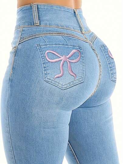 Elegante Millennials sexy bestickte Schleife Damen Slim Jeans, Damen Knopf, Tasche, Reißverschluss Hohe Taille Damen Jeans, geeignet für alle Jahreszeiten/Lässig/Alltag/Halloween/Tragen