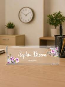 1pc Personalized Acrylic Desk Name Plate With Floral Design 21 Styles- Custom Engraved Office Desk Sign For Women And Men - Elegant Clear Acrylic Glass Block - Ideal For Boss, Teacher, Coworker Appreciation Gifts,Personalized Office Decor, Ideal Gift For Bosses, Teachers, Lawyers, Doctors & Colleagues -Personalized Gifts, Holiday Gifts