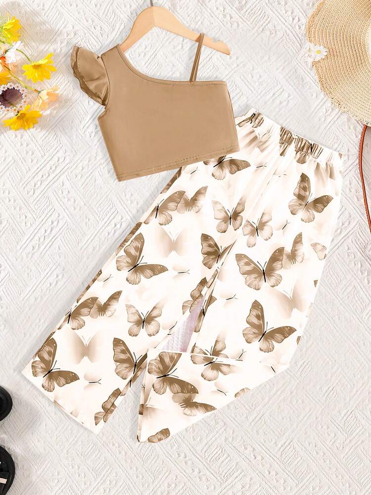 2pcs/Set Summer New Girls Sleeveless Top & Pants Set, Asymmetric Fuchsia Top, White Butterfly Print Pants, Comfortable & Soft Casual Outfit For Children - Khaki - View 1