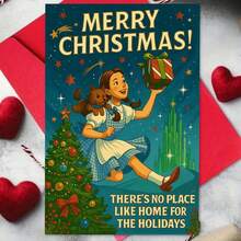 Urzekający plakat świąteczny z Czarnoksiężnikiem z Krainy Oz przedstawiający Dorotkę i Toto z świątecznym prezentem na tle panoramy Szmaragdowego Miasta – "Nie ma jak w domu na święta" Nostalgiczna sztuka ścienna z udekorowaną choinką i migoczącymi gwiazdami - wielobarwność - Zobacz 8