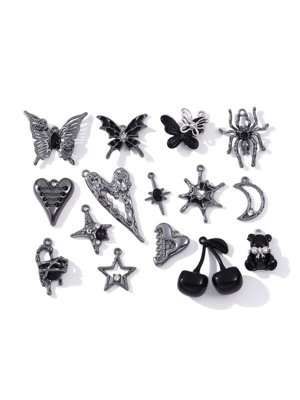 5pcs/10pcs Gothic Dark Sweet Enamel Pendant, Black Butterfly, Spider, Heart, Star, Moon, Cherry, Bear DIY Jewelry Accessories