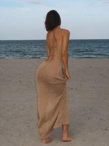 香槟金针织连衣裙 | 修身开衩沙滩度假连衣裙 - 卡其色 - 查看 5