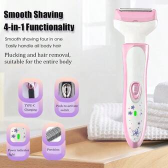4-In-1 Electric Depilation Set - USB Rechargeable Shaver, Home Underarm Epilator, Women's Home Eyebrow & Nose Hair Trimmer, Body Hair Trimmer, Bikini Shaver, Underarm, Leg Hair, Nose Hair Removal, Ideal Gift For Women