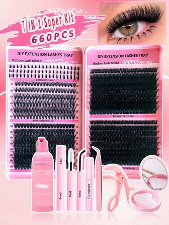 660pcs Lash Clusters 6-16mm Lash Clusters Kit 30D 40D+50D+80D+100D+Bottom Eyelashes, Lash Extension Kit, Lashes Clusters Eyelash Extensions Kit,Eyelash Clusters With Lash Bond&Seal&Lash Remover&Tweezers&Lash Shampoo&Shampoo Brush&Mirror&Lashes Curler