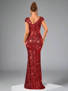 CHOSMO 新款亮片婚纱，修身高腰正式礼服，优雅露背开衩长裙，春季派对礼服 - 紅色 - 查看 4