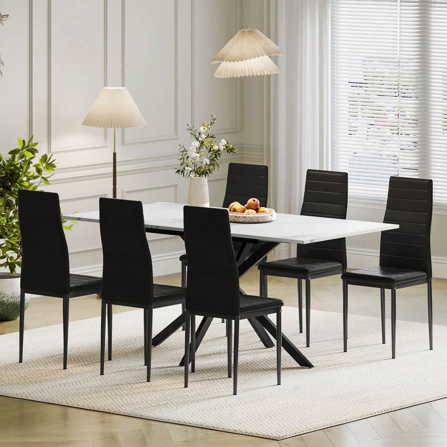 Dining Table And Chairs Set Of 2/4, Folding Round Dining Table With 2 PU Leather Chairs For Dining Room,Kitchen,Living Room - 白方桌+6黑色橫線椅 - 查看 1