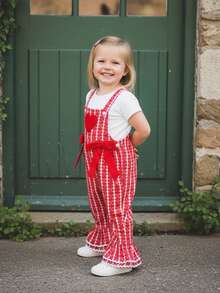 Baby Girl Overalls Sleeveless Heart Embroidery Jumpsuit Flare Suspender Pants Valentines Day Outfit - 紅色 - 查看 4