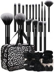 32 PEÇAS Conjunto de Ferramentas de Maquiagem, incluindo: 17 PEÇAS Conjunto de Pincéis de Maquiagem, 1 Peça Bolsa Multiuso com Zíper à Prova d'Água para Artigos de Toalete e Cosméticos, 4 PEÇAS Esponjas de Maquiagem, 4 PEÇAS Borlas de Pó Triangulares, 1 Peça Faixa para Cabelo, 2 PEÇAS Alça de Tigela Manual + 1 Peça Ferramentas de Limpeza de Pincéis de Maquiagem, 2 PEÇAS Esponjas de Limpeza Facial.