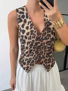 Women Tank Top Chic Fashion Leopard Spring Summer V-Neck Single-Breasted Vests Top Ladies Casual Sleeveless Going Out Top New Waistcoat - Leopard Print - View 3