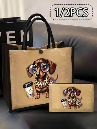 Yellow Linen Buckle Handbag With Black Border, Printed With A Dachshund Wearing Glasses And A Cup Of Coffee Includes A Large Bag And A Small Wallet, Handbag And Coin Purse, Handbag And Wallet, Cute Scarf Puppy Pattern Design, Card Holder, Multifunctional Portable Teacher Handbag, Teacher Appreciation Linen Bag, Women's Gift,
