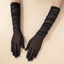 1 Pair Mesh Breathable Long Gloves Solid Color Women Decorative Dress Gloves For Party Prom Wedding Accessories Autumn Accessories - 黑色 - 查看 5