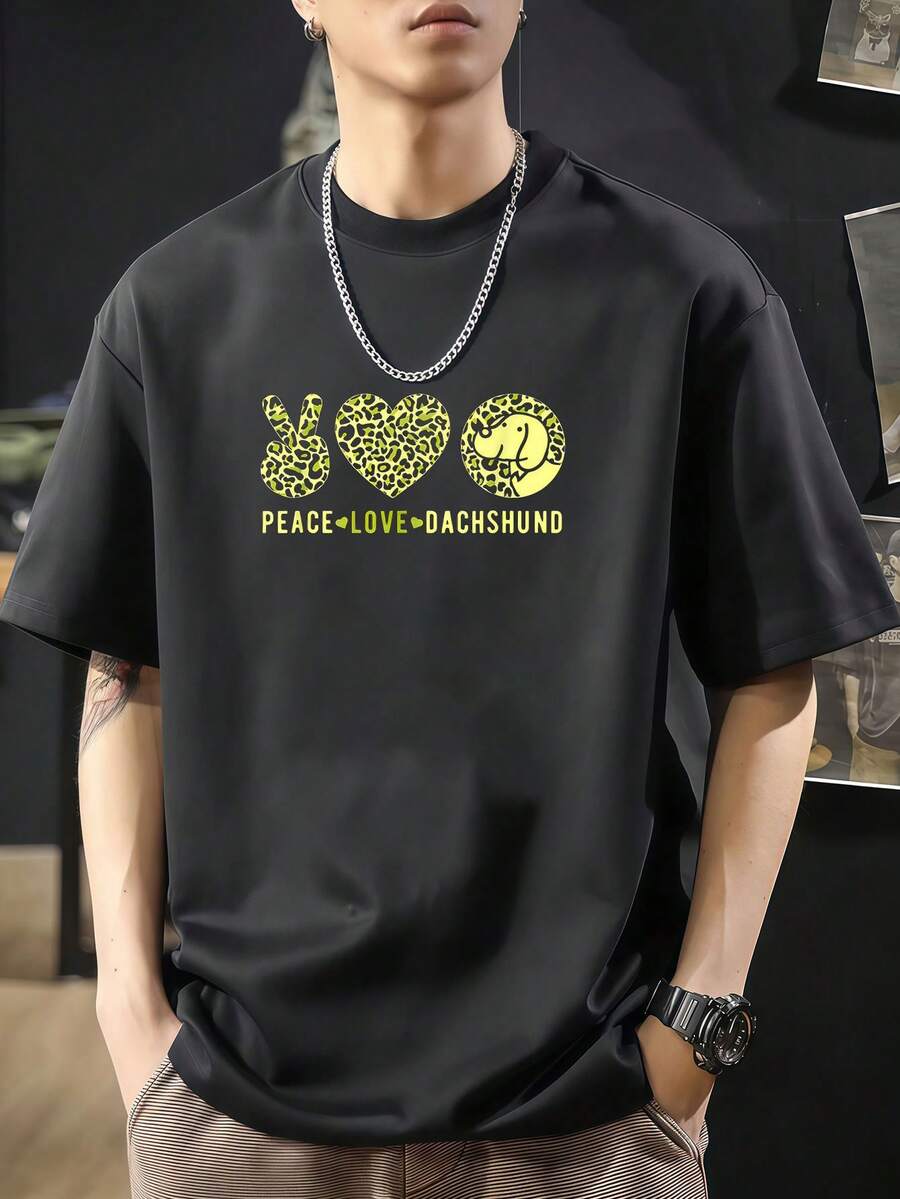 Divertido diseño de perro salchicha amor amantes de las mascotas paz Camiseta de manga corta de algodón de 220 g, impresión por una cara - Negro - Ver 1