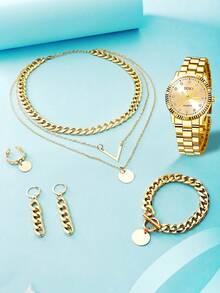 SOKI 1 Set Of Women's Jewelry Watch Set: Gold-Tone Fashion Quartz Watch + Necklace + Earrings + Bracelet + Ring Adjustable Strap Fashion Gold-Tone Women's Quartz Watch-Perfect For Parties, Holidays, Birthdays-Also An Ideal Gift For Best Friends. - 金色 - 查看 2