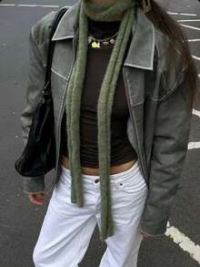 1pc Design Slightly Rolled Edge Thin Scarf Fashion Wear Long Versatile Scarf Thin Narrow - Dark Green - View 5