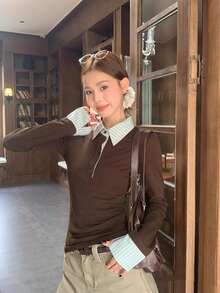 女士修身长袖 Polo 领 T 恤，独特时尚，可叠穿。 - 咖啡棕 - 查看 4