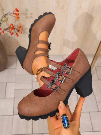 Zapatos de trabajo de cuero con hebilla y tacón grueso para mujer, adecuados para todas las estaciones