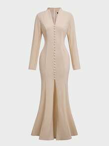 Floreya Spring/Summer Lightweight Business Commute Elegant Party Holiday Date Court Formal Long Sleeve Dress - Khaki - View 7