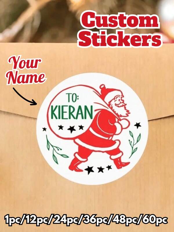 1-60 Stücke personalisierte Frohe Weihnachten Etiketten - Vintage Weihnachtsmann Aufkleber, Weihnachtsdekoration, Weihnachtsgeschenke, Partydekoration, Weihnachts-Buchstaben Muster, Weihnachten, runde Aufkleber, individuelle Dankeschön Etiketten Aufkleber, einzigartig für Sie, Familie, Freunde, Sohn, Tochter, Schüler, individuelle Aufkleber für Boxen