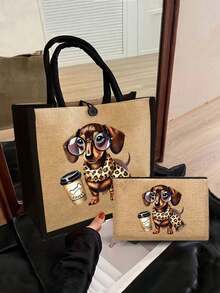 Yellow Linen Buckle Handbag With Black Border, Printed With A Dachshund Wearing Glasses And A Cup Of Coffee Includes A Large Bag And A Small Wallet, Handbag And Coin Purse, Handbag And Wallet, Cute Scarf Puppy Pattern Design, Card Holder, Multifunctional Portable Teacher Handbag, Teacher Appreciation Linen Bag, Women's Gift,