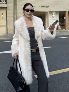 Women's Elegant Knee-Length Faux Fur Coat, Waterfall Collar, Long Warm Outerwear For Autumn/Winter - White - View 9