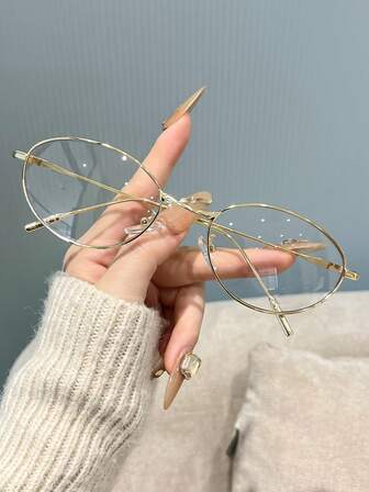 1 Pair Women's Oval Metal Frame Fashion Decorative Clear Lens Glasses