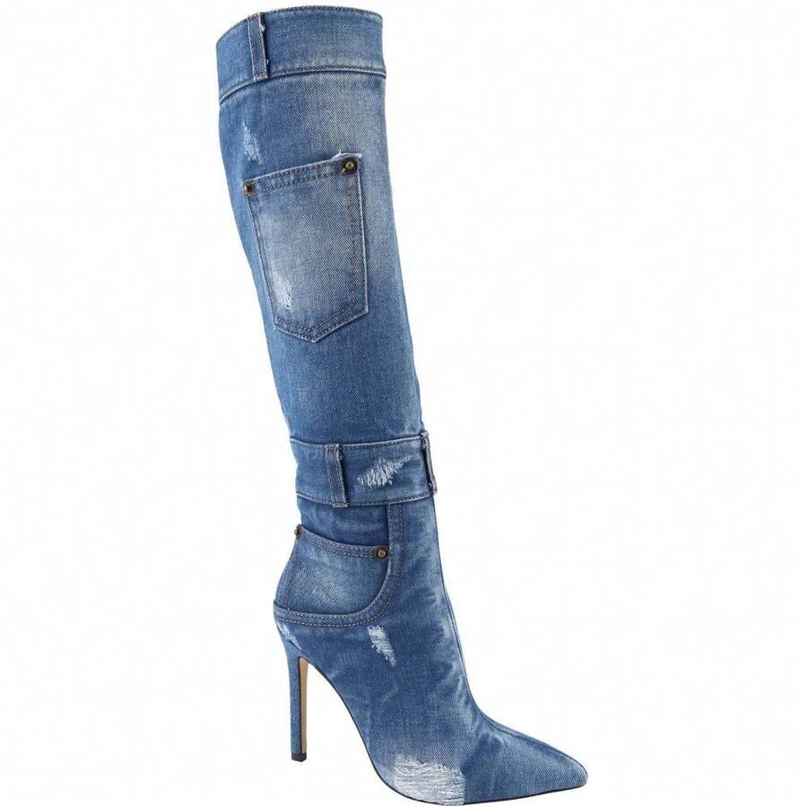 Botas altas hasta el muslo con tacón de aguja de denim para mujer, botas altas hasta la rodilla de punta puntiaguda - Celeste - Ver 1