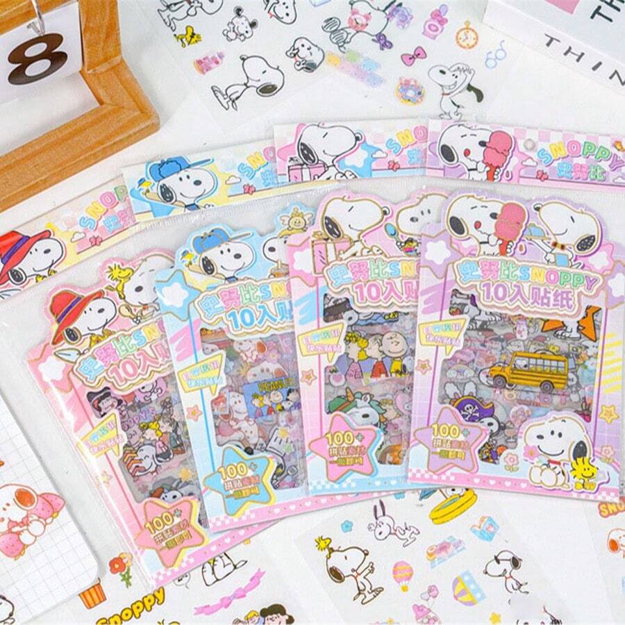 10pcs/Set New Snoopy Series Sticker Set, Cute & Fun Sticker Pack, PET Student Account Leaf Random Style, Christmas Gift, Christmas Stocking Stuffer, Christmas Decoration - Multicolor - View 1