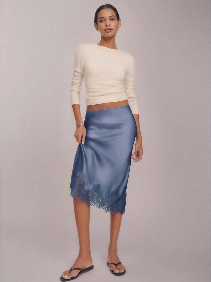 Women Silk Satin Half Slip Long Skirts Lace Patchwork Elastic Waist Long Skirt Elegant Silky Flowy A Line Midi Skirts - 藍色 - 查看 1