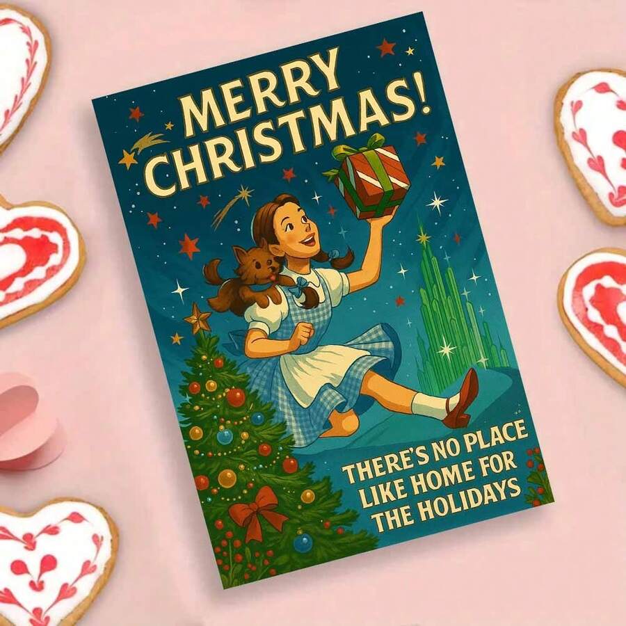 Urzekający plakat świąteczny z Czarnoksiężnikiem z Krainy Oz przedstawiający Dorotkę i Toto z świątecznym prezentem na tle panoramy Szmaragdowego Miasta – "Nie ma jak w domu na święta" Nostalgiczna sztuka ścienna z udekorowaną choinką i migoczącymi gwiazdami