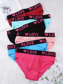 10 PCS, Women's Elegant Cotton Briefs - Mid-Rise Seamless Breathable Loose Elastic Band, Letter And Heart Pattern Mixed Color Blocking Design, Colorful Set For Daily Comfort, Cute And Fun Style, Soft Fabric, Versatile Daily Use - 彩色 - 查看 3