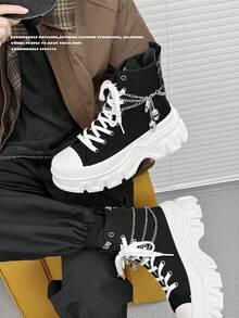SLnU3 Ghete de motocicletă SLNU★3 pentru bărbați, la modă, cu talpă groasă, ridicate, accesorii decorative cu lanț de craniu, stil gotic casual punk street preppy, inele metalice versatile, fermoar lateral cu șireturi, design simplu, potrivite pentru exterior, toate anotimpurile - Alb-negru - Vizualizare 3