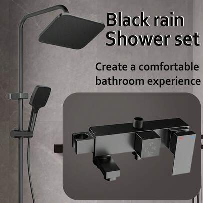 Système de douche de luxe noir mat avec pluie, douche de tête carrée réglable et douchette à haute pression, ensemble de robinetterie murale de salle de bain avec mitigeur pour le contrôle de l'eau chaude et froide, design anti-corrosion durable, look moderne et élégant pour la rénovation de la salle de bain, accessoires de salle de bain, outils de salle de bain