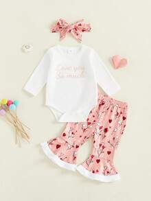 Conjunto de 3 piezas para bebé niña con bonito mono de manga larga con letras dulces, pantalones acampanados con forma de corazón y diadema - Blanco - Ver 6
