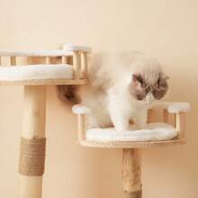 Designer Solid Wood Cat Climber - 98cm High, 3-Level Trampoline, Detachable Pillow And Toy Balls, Optical Cloud Imitation - Nature, Use, Cat Climbing - White - View 3