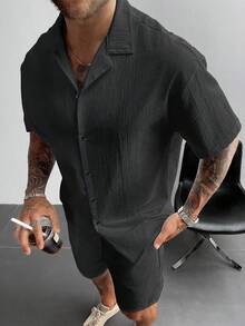 男士夏季两件套套装，轻盈透气的亚麻衬衫和抽绳短裤，复古绅士风格休闲沙滩婚礼派对度假旅行装，父亲节送给丈夫、爸爸、男友的礼物，舒适百搭 - 黑色 - 查看 5