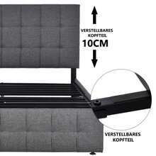 Double Bed With 4 Baskets And Central Spring Mattress, Double Bed With Lattenrost, Height Adjustable Headboard And Fitted Square Design, Metal Plate Support, Linen (140*200 Cm, Grey) - Grey - View 10