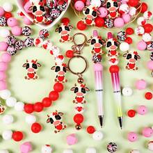 30 piezas de cuentas de silicona con forma de corazón 3D de vaca, cuentas poligonales + cuentas redondas impresas + cuentas planas, diseño de moda, adecuado para la fabricación de joyas, perfecto para pulseras DIY, cordones, accesorios para bolígrafos, decoraciones para fiestas de vacaciones, llaveros y otras manualidades - un regalo ideal para el Día de San Valentín - Multicolor - Ver 5